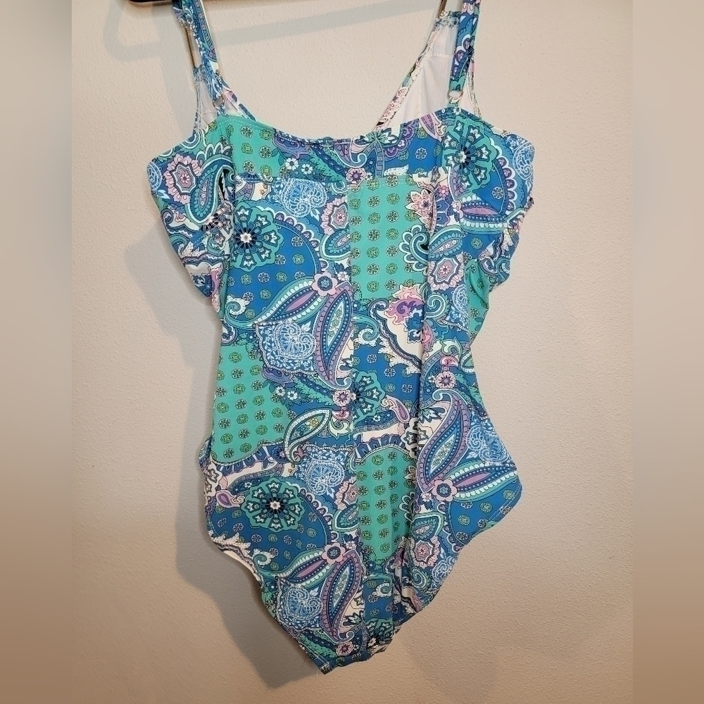 Assets by Spanx size XL turquoise‎ and blue paisley design one piece swimsuit. - Picture 7 of 9